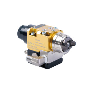 Gold and silver automatic airmix spray gun with side outlet fitting on a white background