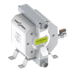 White 04D140 diaphragm pump with grey fittings, mounting feet and a green Professional Finishing Supplies label