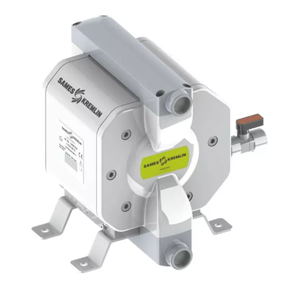 White 04D140 diaphragm pump with grey fittings, mounting feet and a green Professional Finishing Supplies label