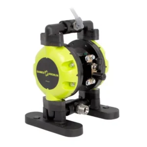 Compact lime green and black diaphragm pump with mounting feet and visible air connections
