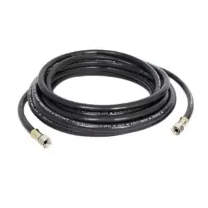 Coiled black Airmix air hose with metal fittings on a white background