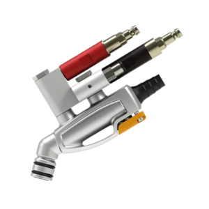 Silver inline injector with red and black connectors, a yellow adjustment lever and ribbed hose fitting