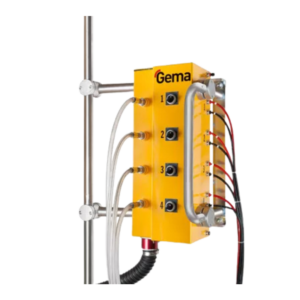 Yellow Gema OptiColor powder coating control unit with hoses and cables