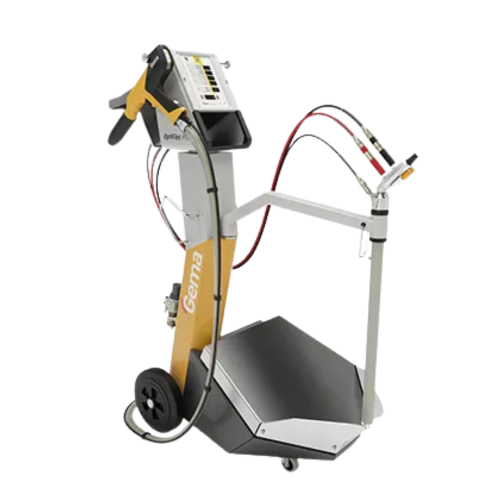 OptiFlex® Pro B powder coating system on a wheeled trolley with control unit, spray gun and hoses