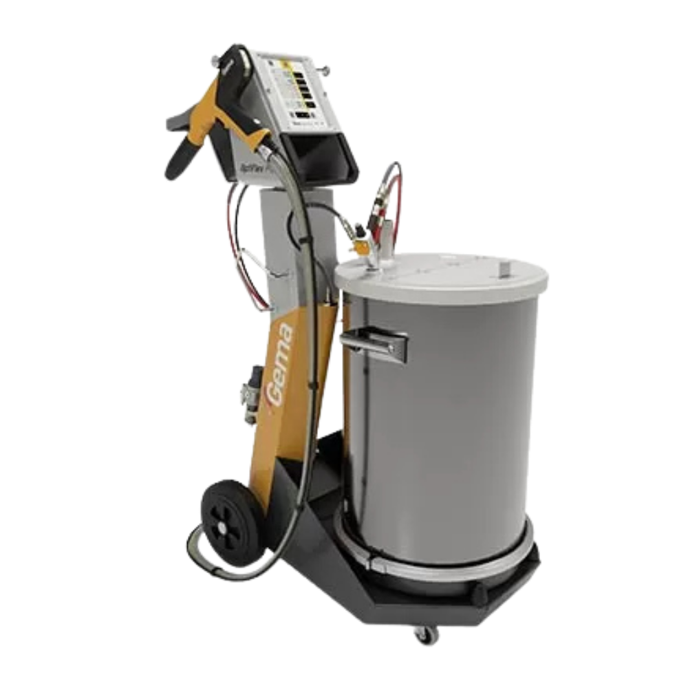 OptiFlex Pro F powder coating system with handheld applicator and grey powder container