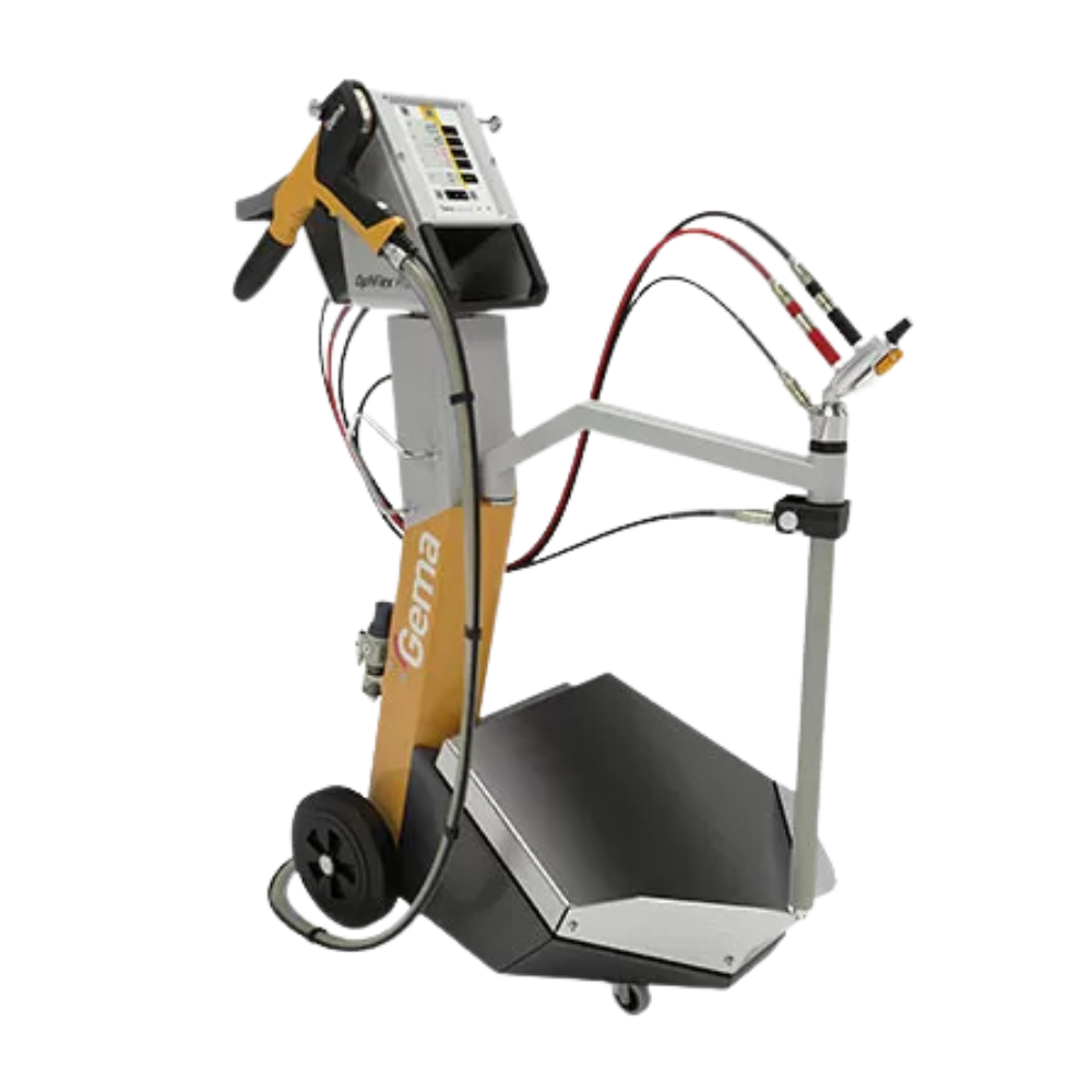 OptiFlex Pro Q mobile powder coating unit with control panel, spray gun, hoses and wheeled cart