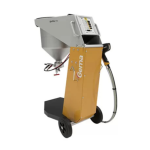 OptiFlex Pro S powder coating unit with hopper, control panel, wheels and attached hose