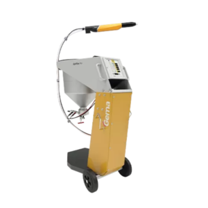 Portable powder coating unit with spray gun, hose and wheeled yellow control unit