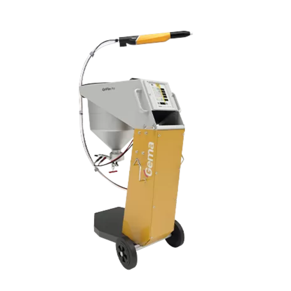 Portable powder coating unit with spray gun, hose and wheeled yellow control unit