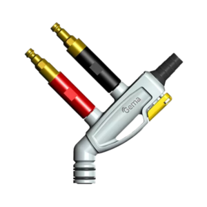 Inline coating injector with a silver body, red and black connectors, and a threaded outlet