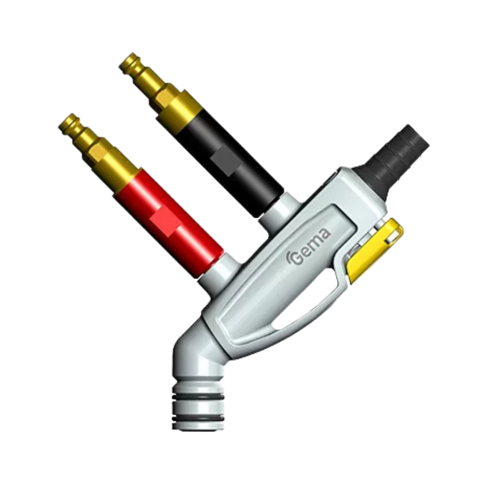 Inline coating injector with a silver body, red and black connectors, and a threaded outlet