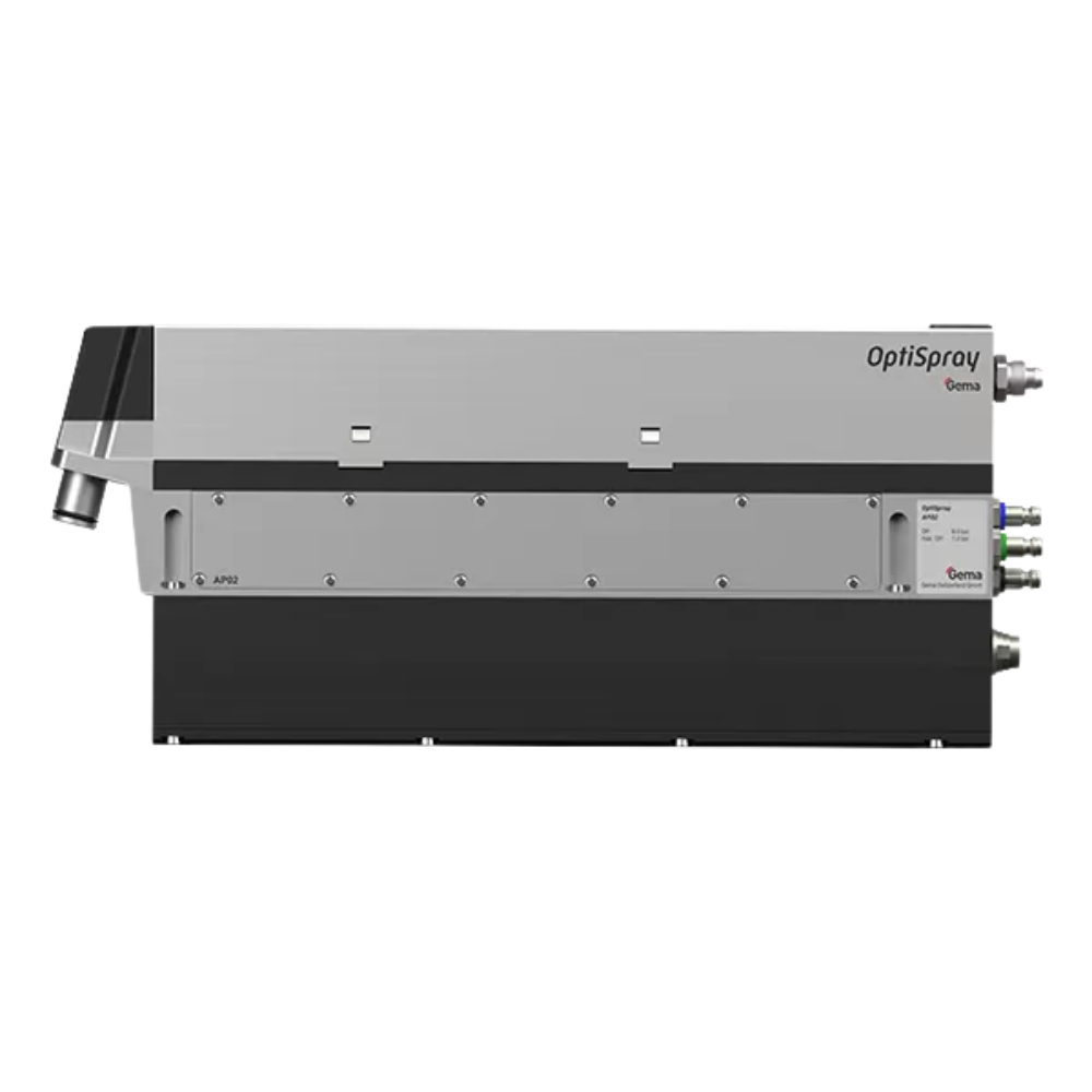 OptiSpray AP02 application pump with a long grey rectangular housing and side fittings