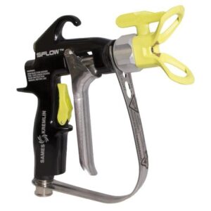 SFLOW airless manual spray gun with black handle, silver trigger guard and bright yellow nozzle guard