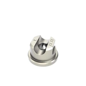 Metallic flat airless spray tip with angled spray opening