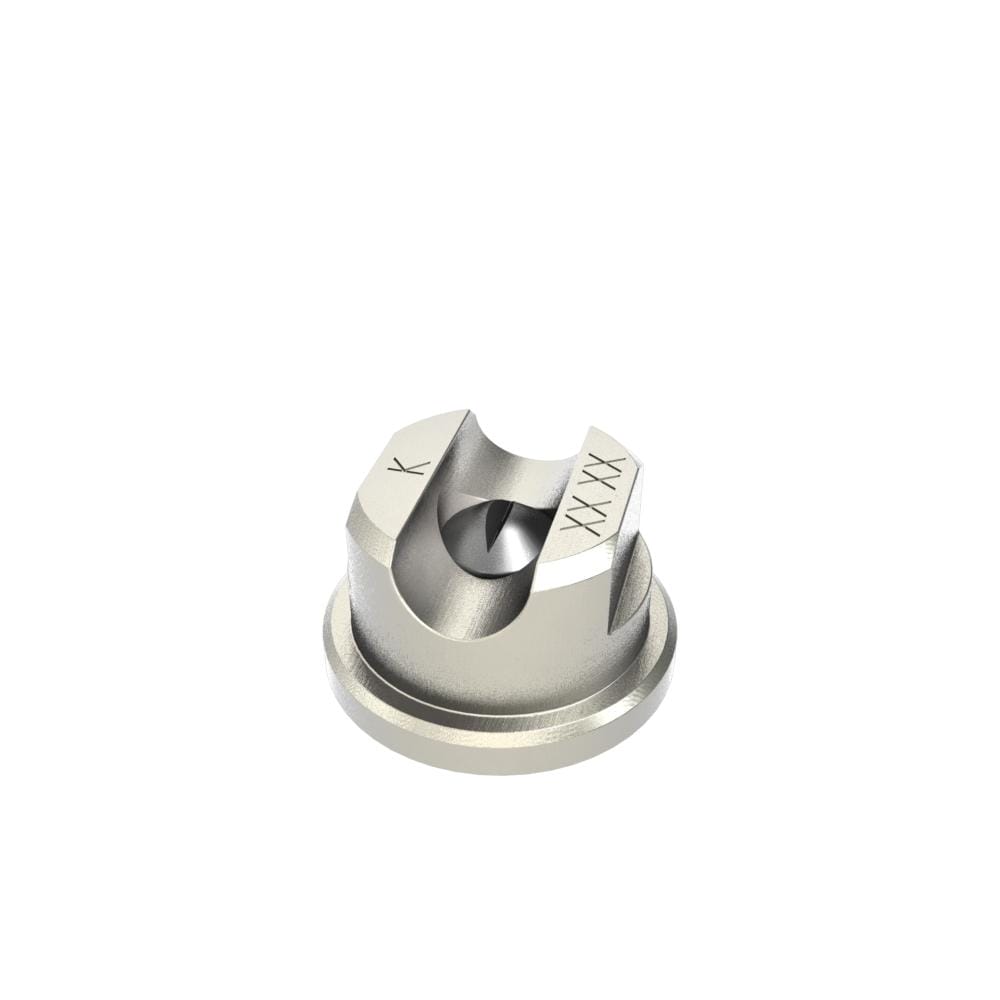 Metallic flat airless spray tip with angled spray opening