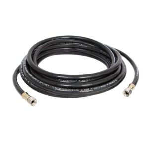 Coiled black air hose with metal connectors at both ends