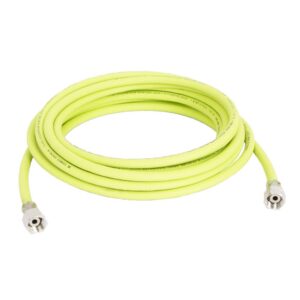 Coiled fluorescent yellow air spray fluid hose with metal fittings at both ends