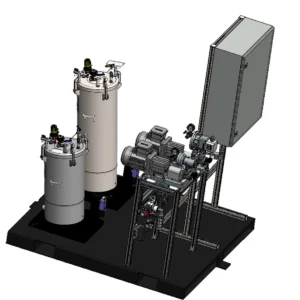E60 mixing system with twin mixing tanks, pumps, control cabinet and equipment mounted on a base frame