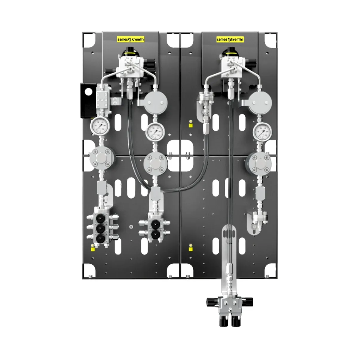 Cyclomix Evo industrial paint mixing system with pumps, hoses, gauges and control components