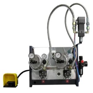 E50 REXSON dosing machine with pressure gauges, hoses and yellow foot pedal