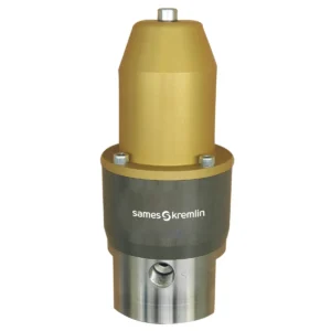 Sames Kremlin Airmix fluid regulator with gold, black and silver cylindrical housing