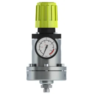Airspray fluid regulator with lime green adjustment knob, pressure gauge and metal fittings