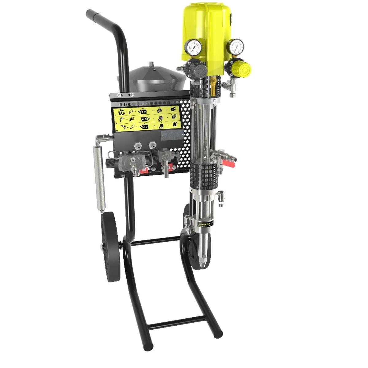 PU 2160F professional spray gun with yellow pressure controls and black wheeled frame