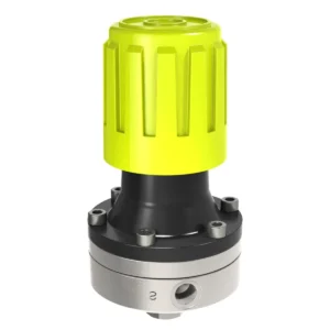 Airspray fluid regulator with a bright yellow adjustment knob and silver metal base