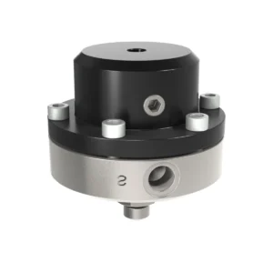 Airspray fluid regulator with black top housing, silver lower body and multiple threaded ports