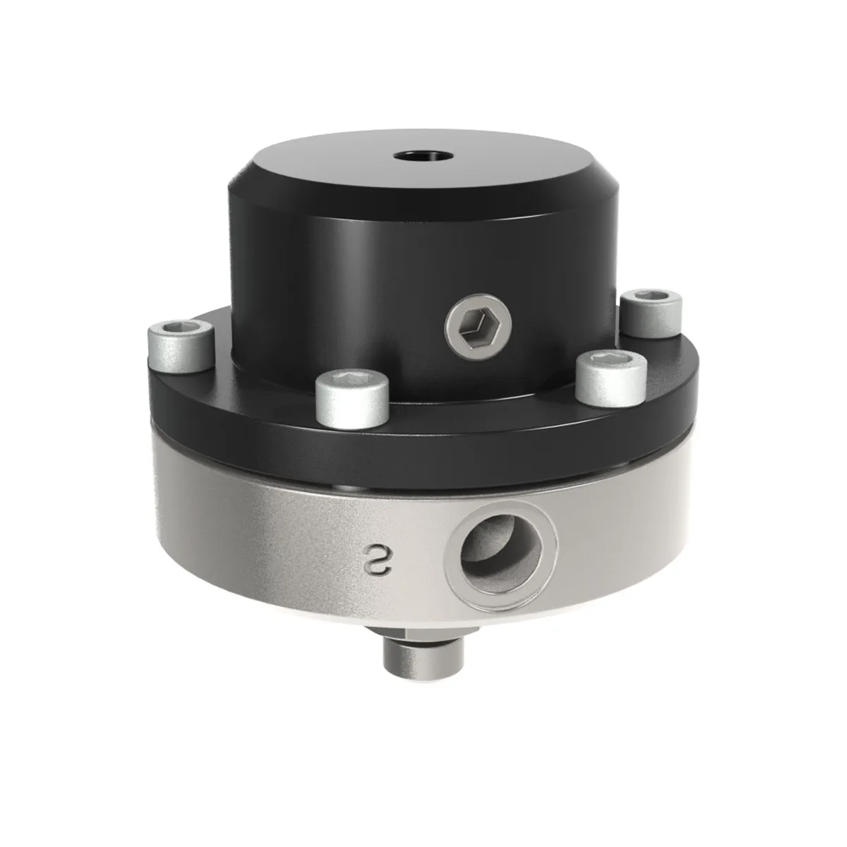 Airspray fluid regulator with black top housing, silver lower body and multiple threaded ports