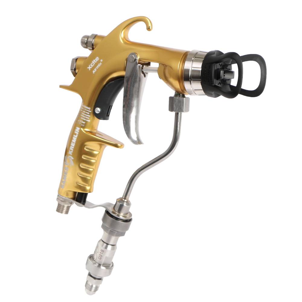 XCITE®+ Airmix® manual spray gun with attached hose and fluid connection