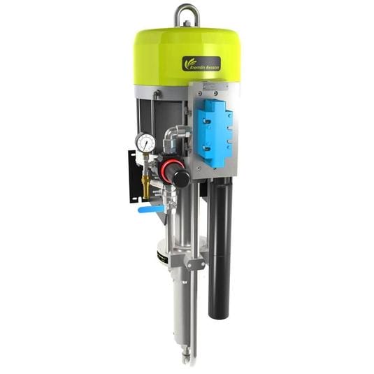 40F260 Airless Flowmax paint pump with lime green top, blue control panel and stainless steel components