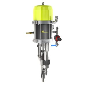 40C100 airless paint pump with bright green top and stainless steel spray assembly