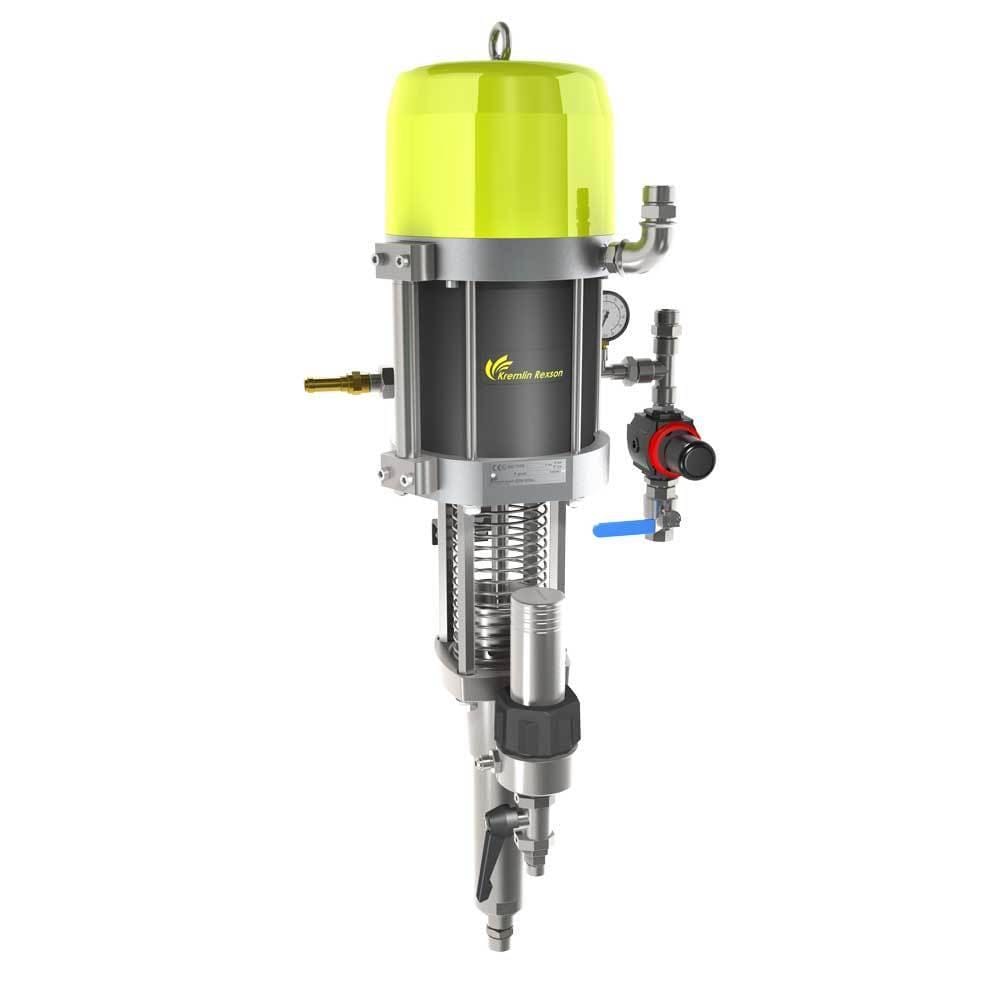 40C100 airless paint pump with bright green top and stainless steel spray assembly