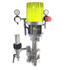 Airmix Flowmax paint pump with bright green motor housing, pressure gauges and spray components