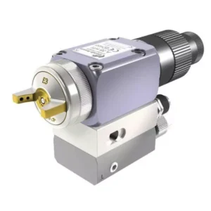 A35 HTI automatic airspray spray gun with purple housing, silver nozzle and white mounting block