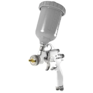 Silver gravity-feed manual air spray gun with a top-mounted cup
