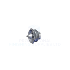 Metallic circular spray gun component with a central nozzle and threaded outer ring