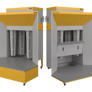 Two open-front industrial finishing booths with grey interiors and yellow panels