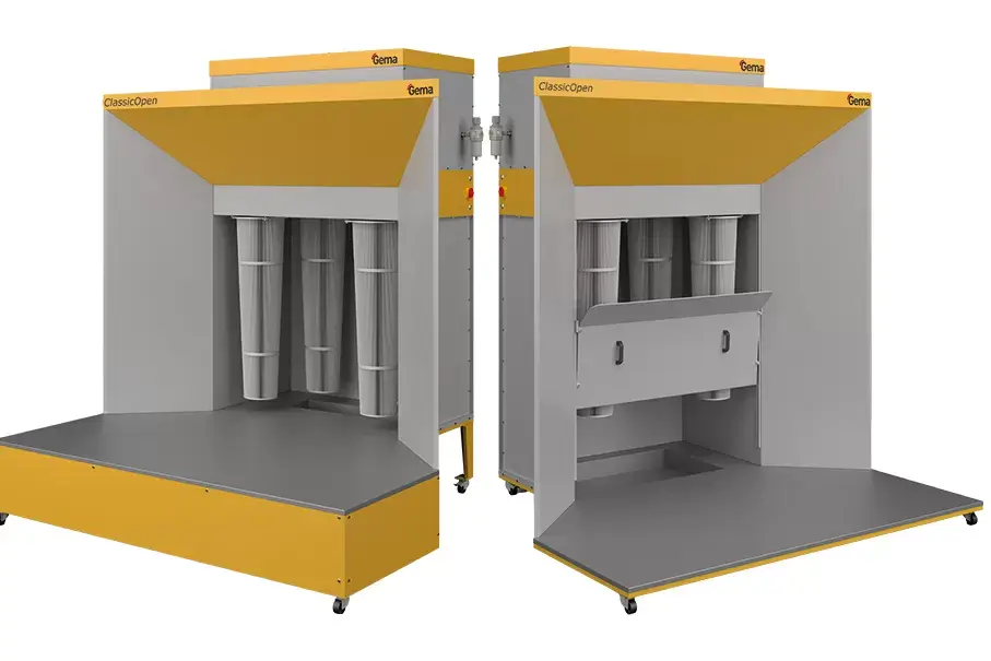 Two open-front industrial finishing booths with grey interiors and yellow panels