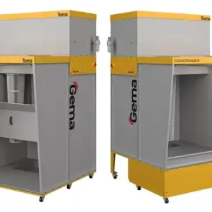 Two views of a grey and yellow ClassicStandard manual powder coating booth