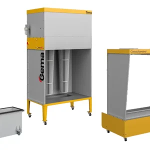 Three modular industrial booth units, including an enclosed cabinet, open-sided booth and low wheeled platform