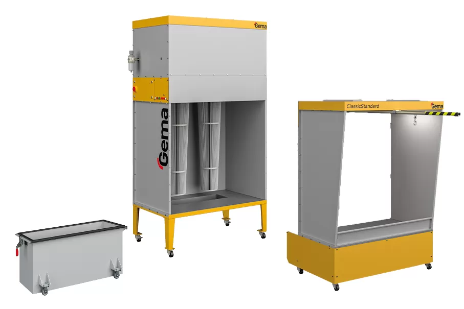 Three modular industrial booth units, including an enclosed cabinet, open-sided booth and low wheeled platform