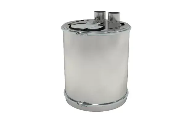 Cylindrical metal powder hopper with two fittings on top