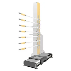 White and grey horizontal-axis equipment with a vertical frame and multiple adjustable arms