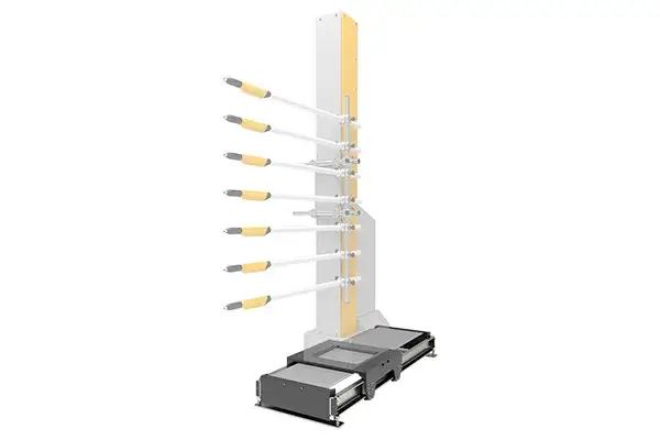 White and grey horizontal-axis equipment with a vertical frame and multiple adjustable arms