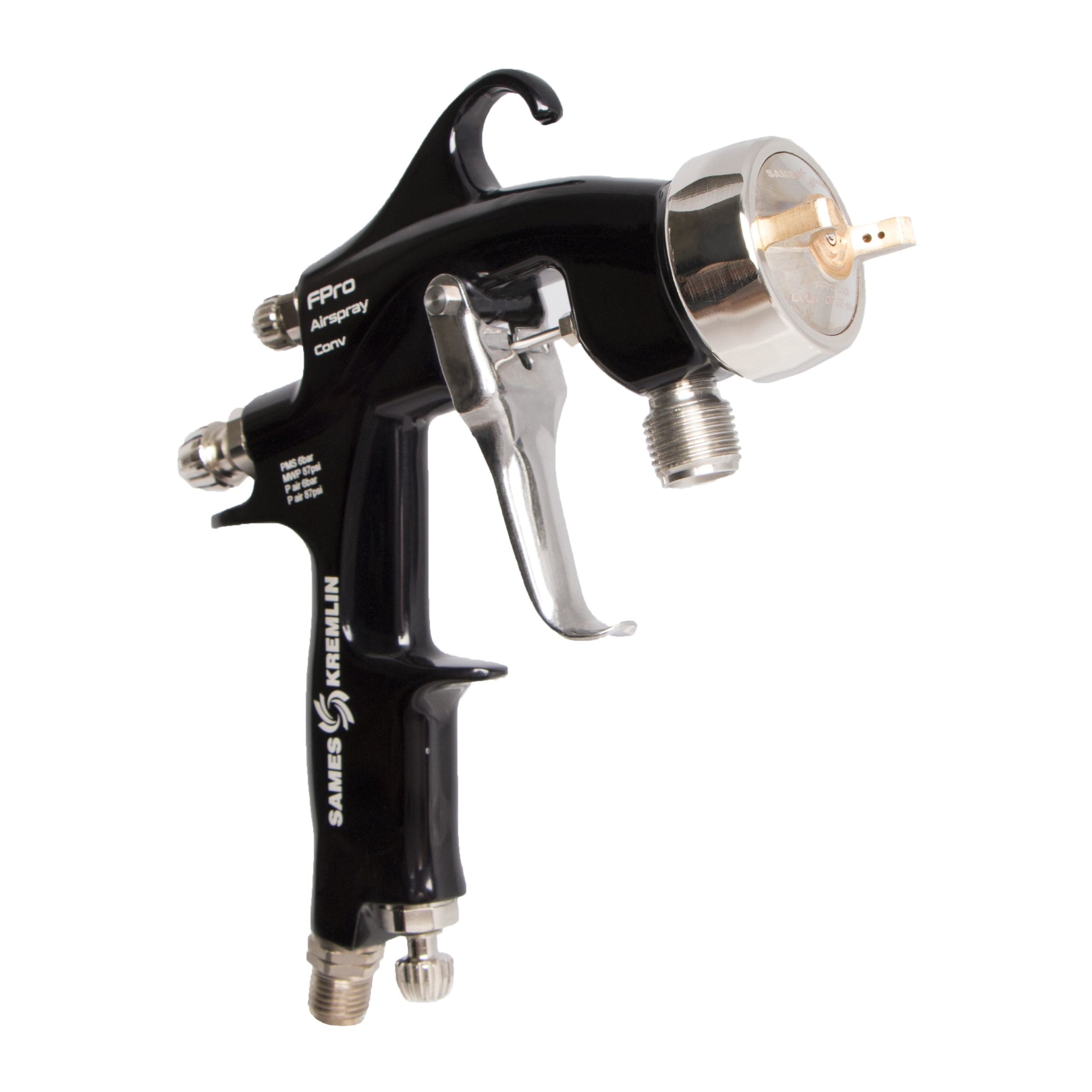 Black FPro P compliant LVLP manual spray gun with chrome nozzle and trigger