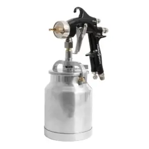 FPro S manual spray gun with black handle and attached stainless steel paint cup