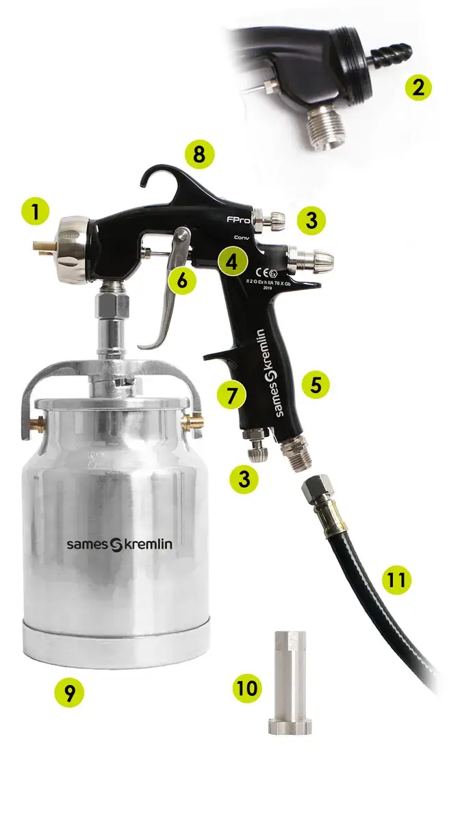 product-kremlin-fpro-s-exploded-tiff Numbered exploded view of an FPro S manual spray gun with cup, hose and components